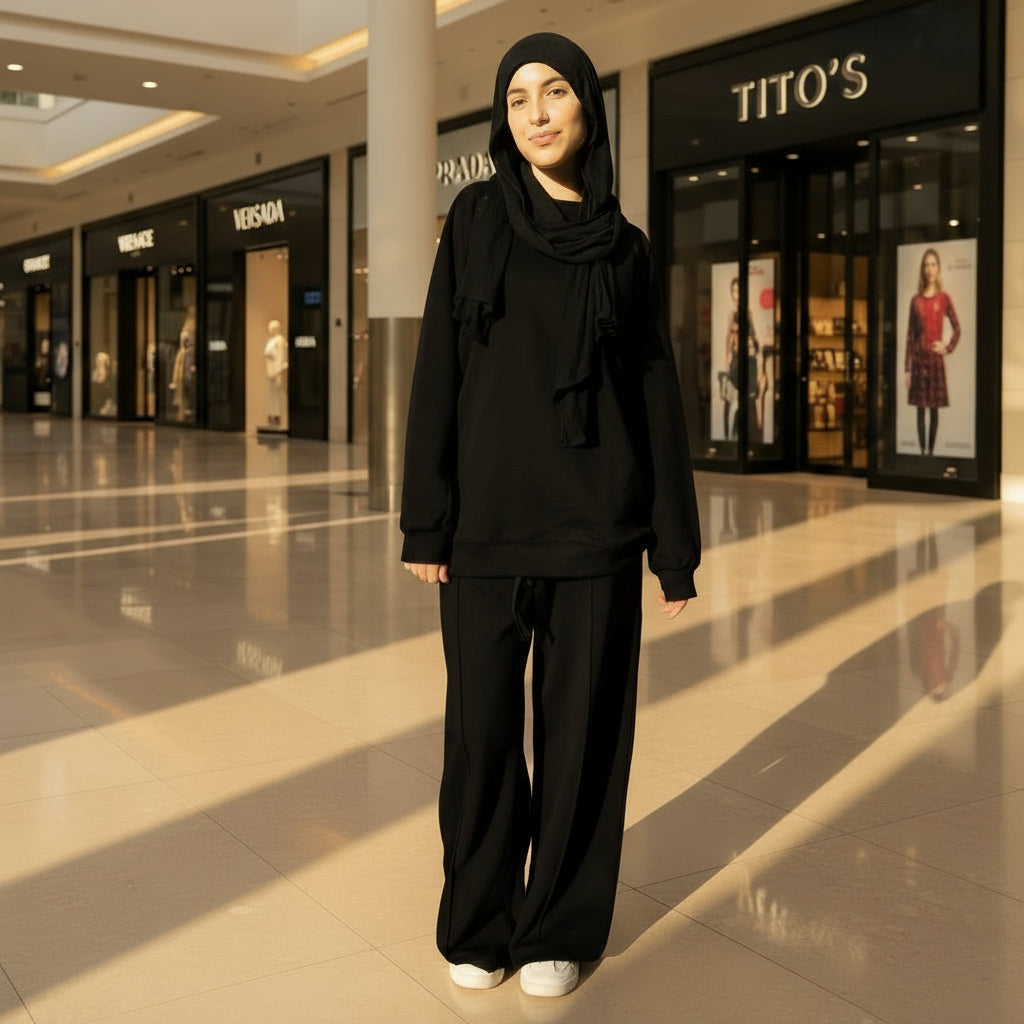 Person wearing a black outfit standing in a mall with 'TITO'S' store visible