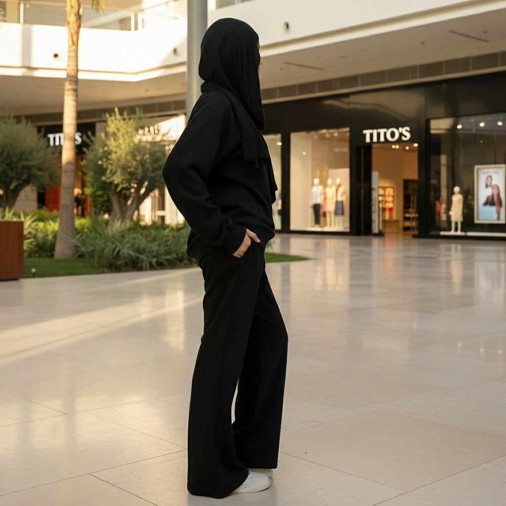 Person wearing a black outfit standing on a mall