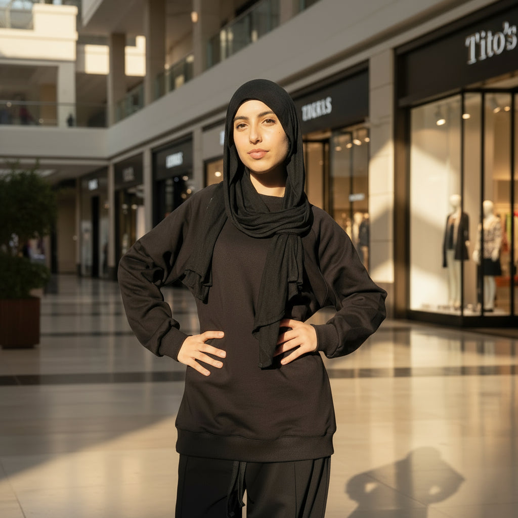 Person wearing a black outfit standing outdoors in a mall