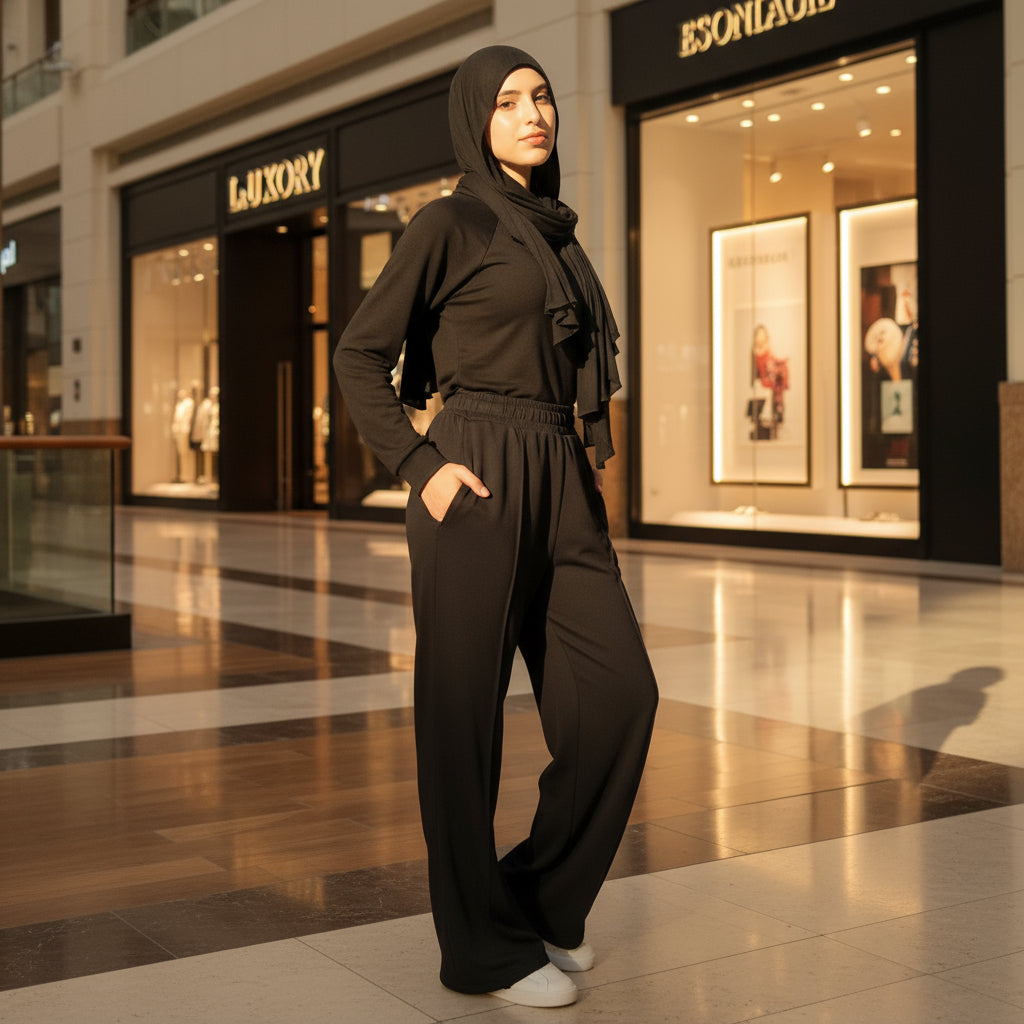 Person wearing a black outfit standing in a mall