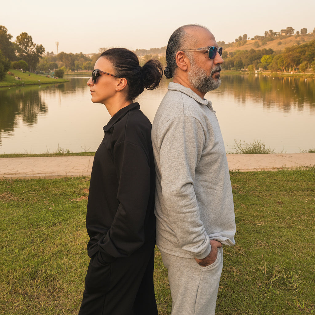 Two people standing back-to-back in a park
