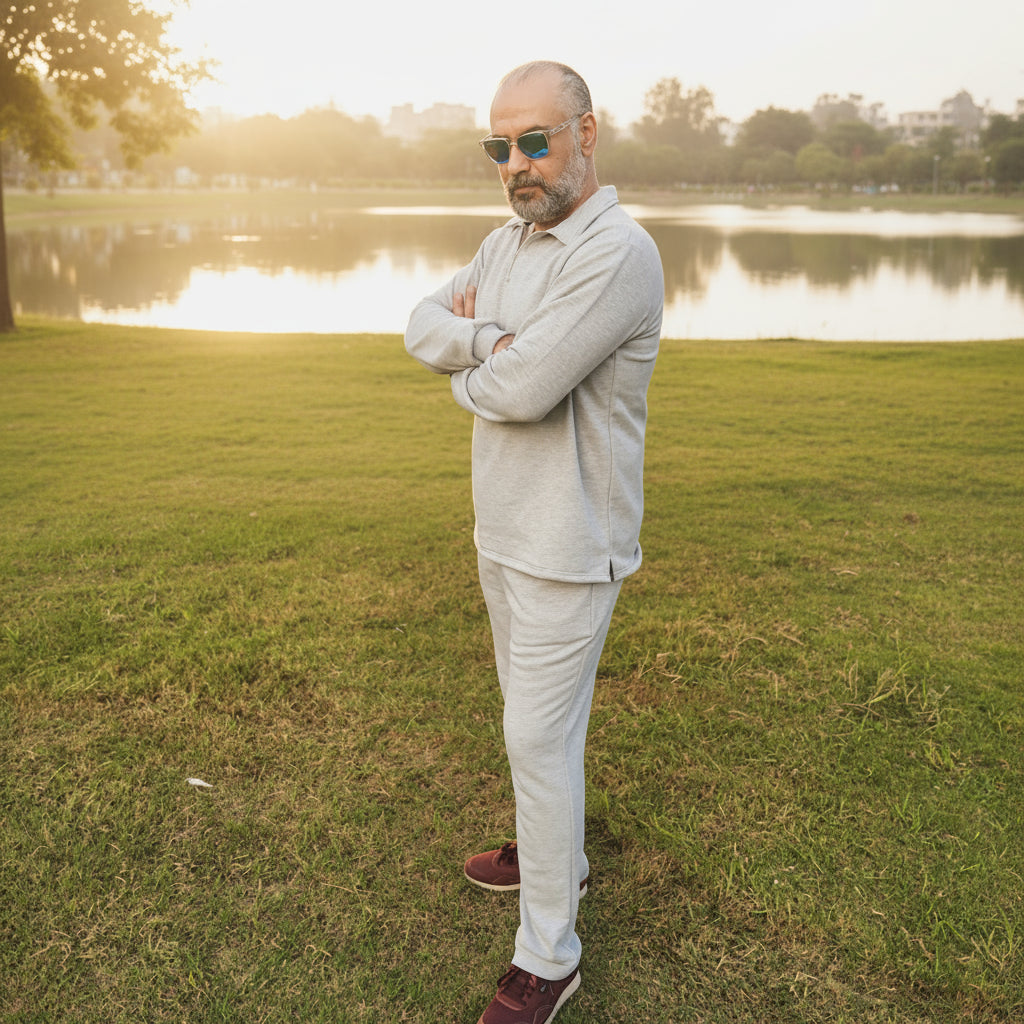 Man in gray set on a lake park