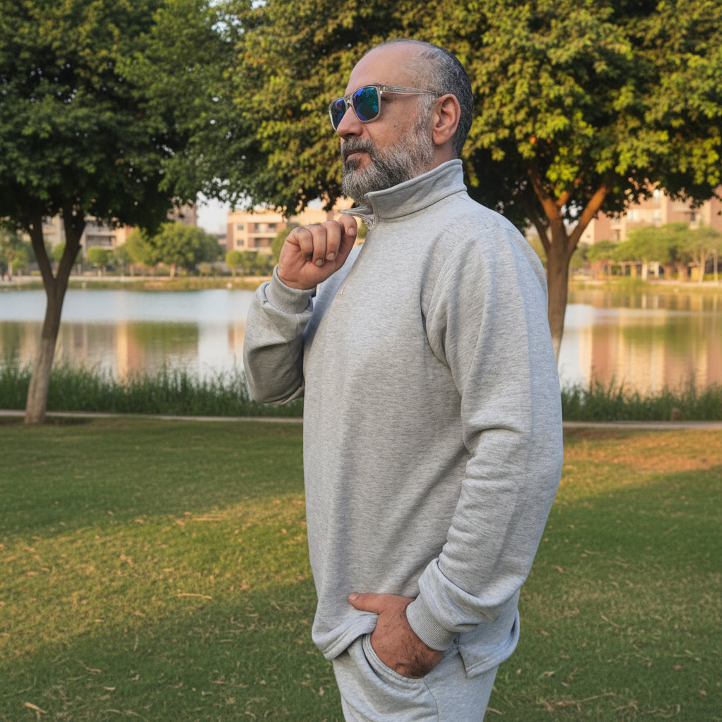 Man wearing sunglasses and a silver gray outfit standing in lake park