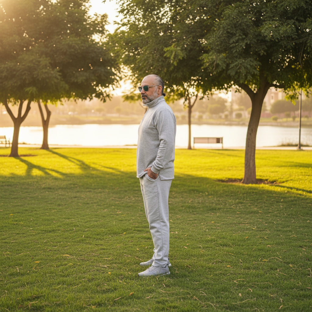Man in a gray outfit standing in a lake park