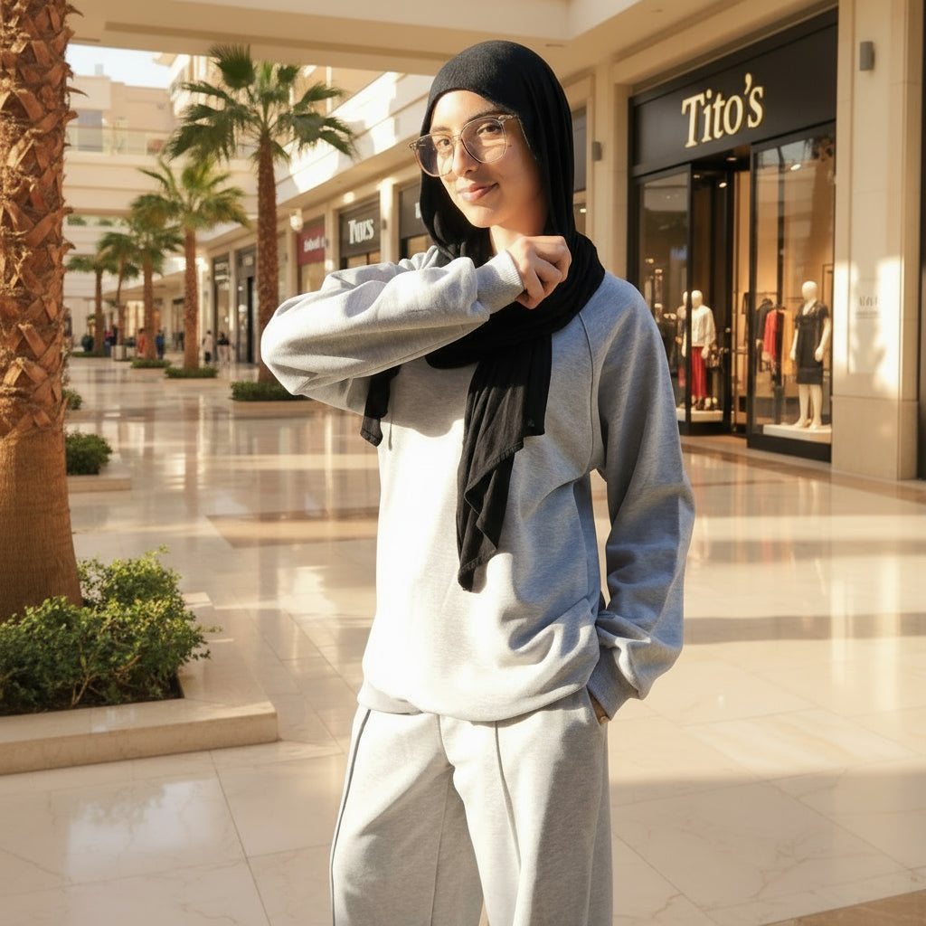 Person wearing a gray set in a mall