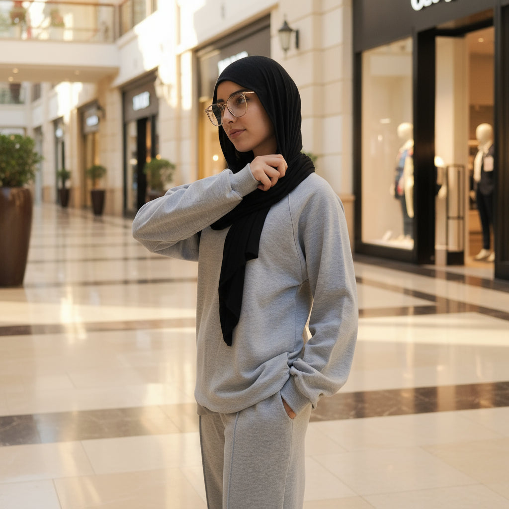 Person wearing a silver gray set in a mall