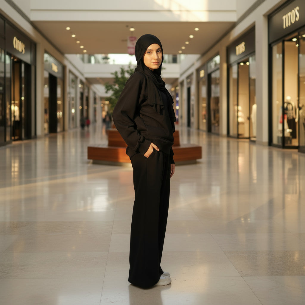 Person wearing a black set standing in a mall