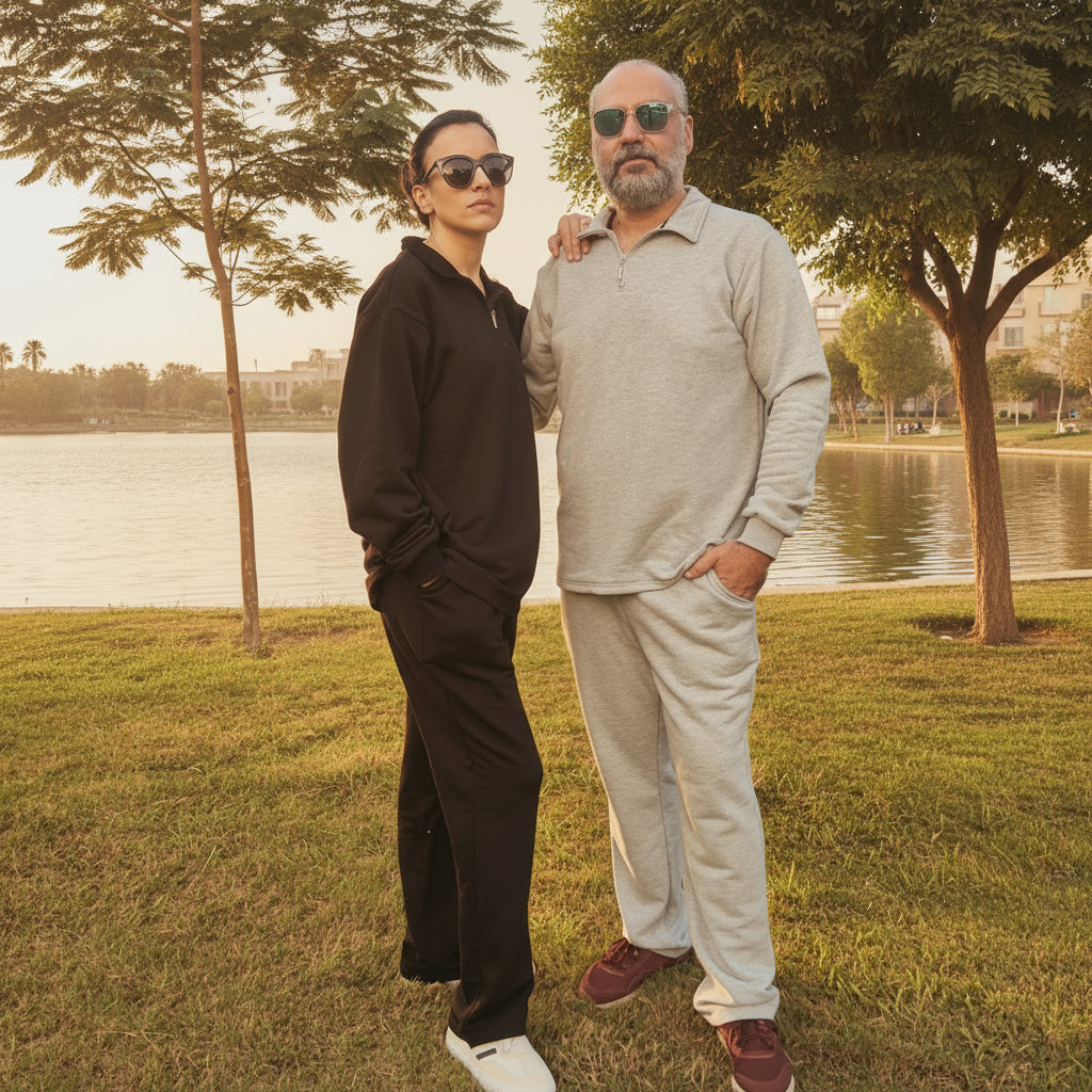 Two people standing on lake park