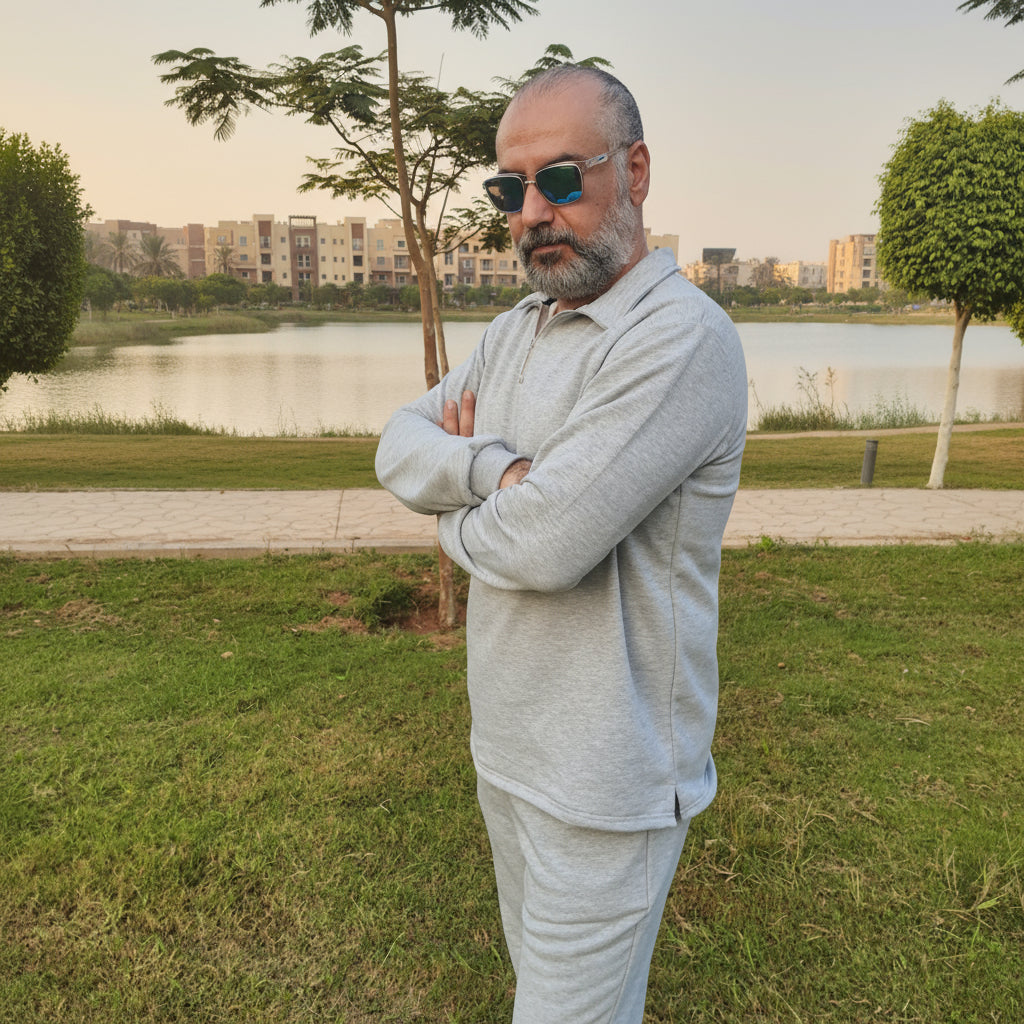 Man in a gray outfit standing in a lake park 