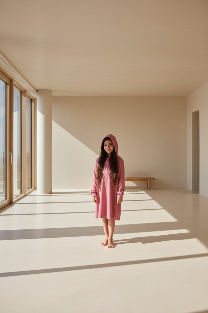 Girl wearing a pink hoodied dress