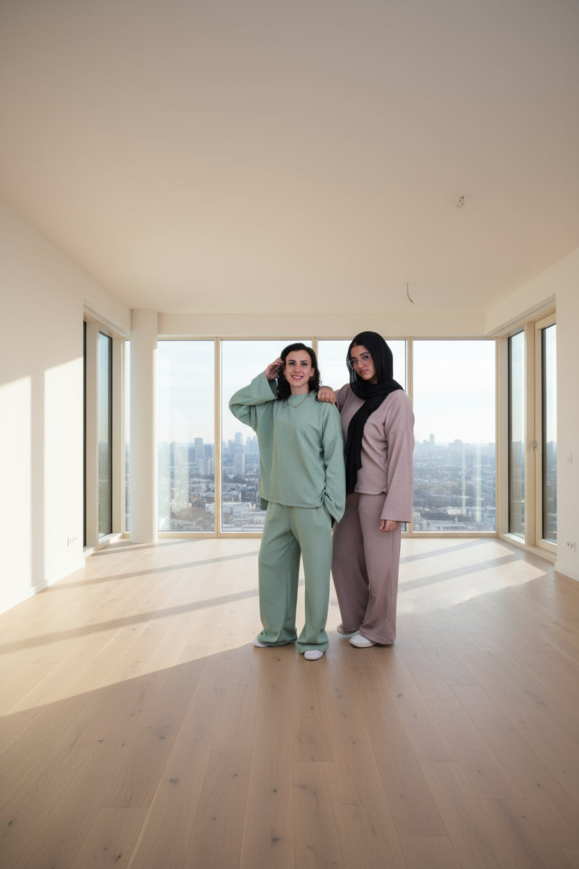 Two women wearing matching outfits against a black background