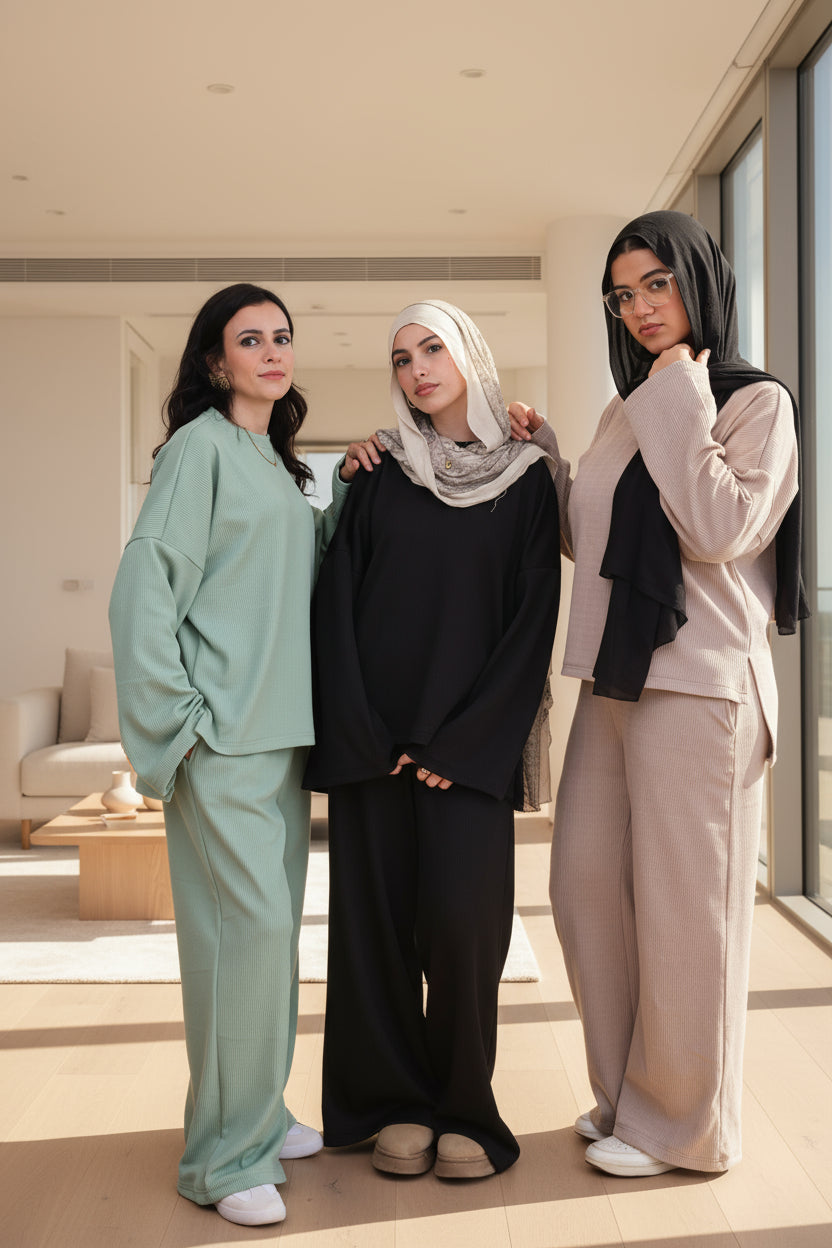 Three women wearing hijabs and casual outfits against a black background