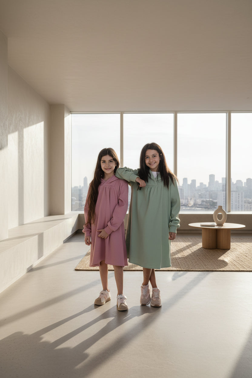 Girls standing wearing pink and mint dress