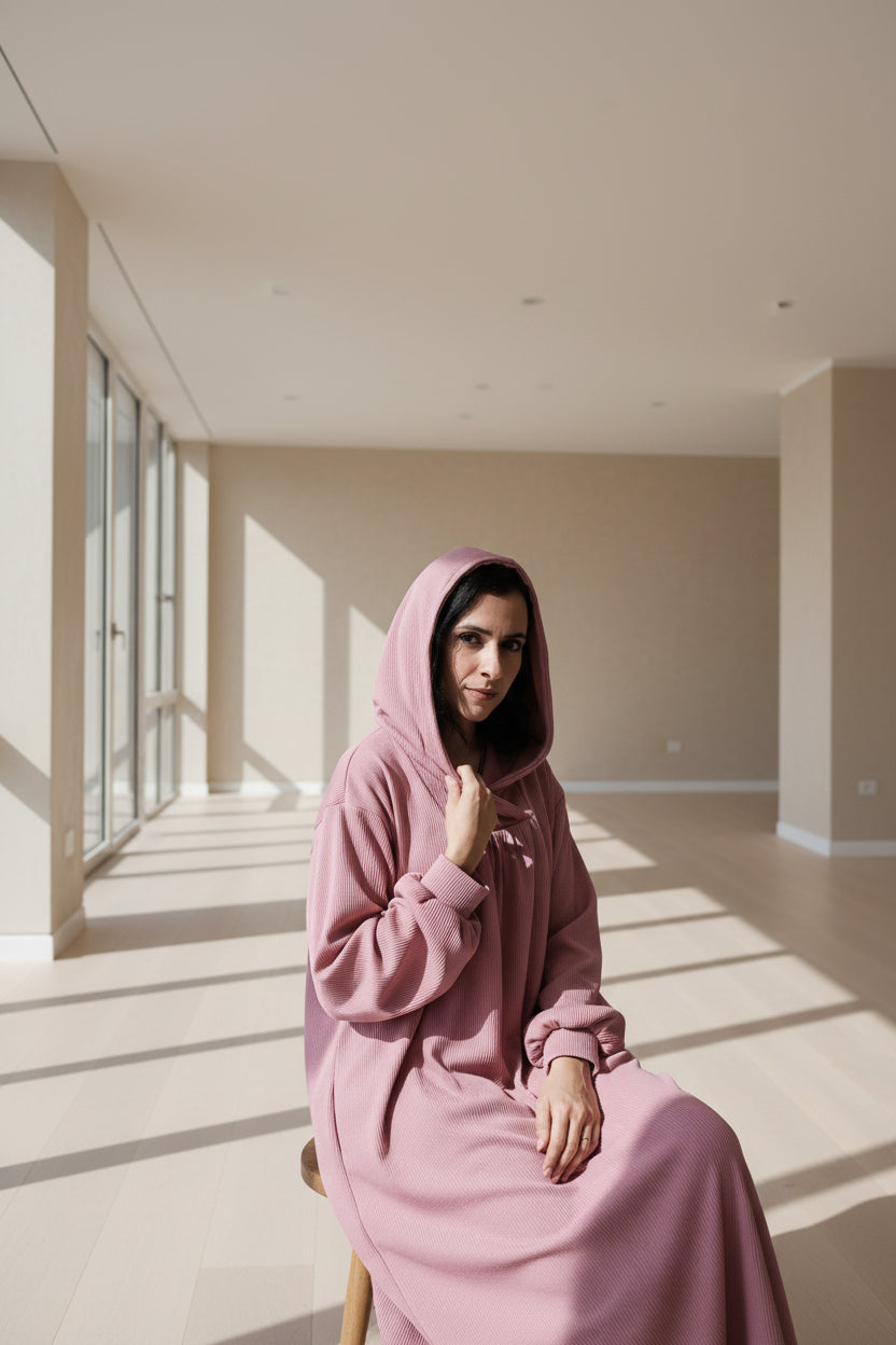 Woman wearing a pink hooded outfit
