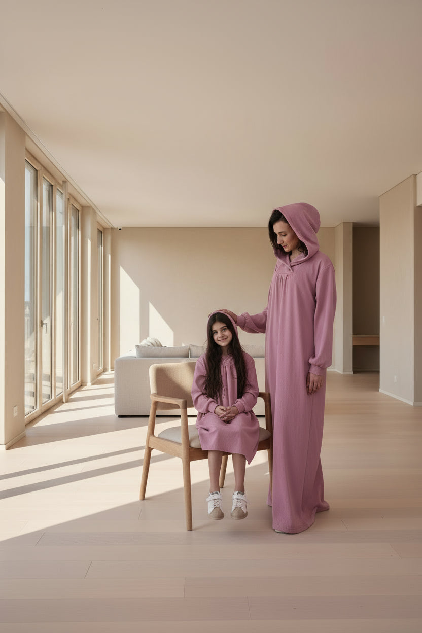 Two people wearing pink hoodies on a black background