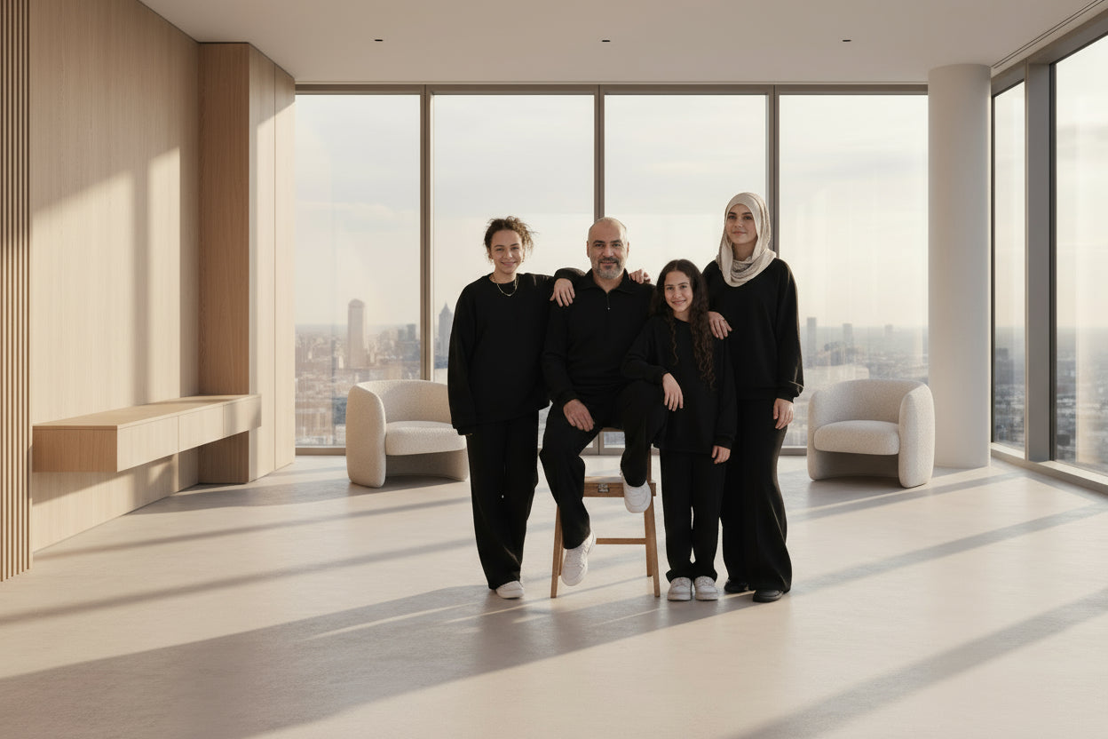 Family of four posing together against a plain background
